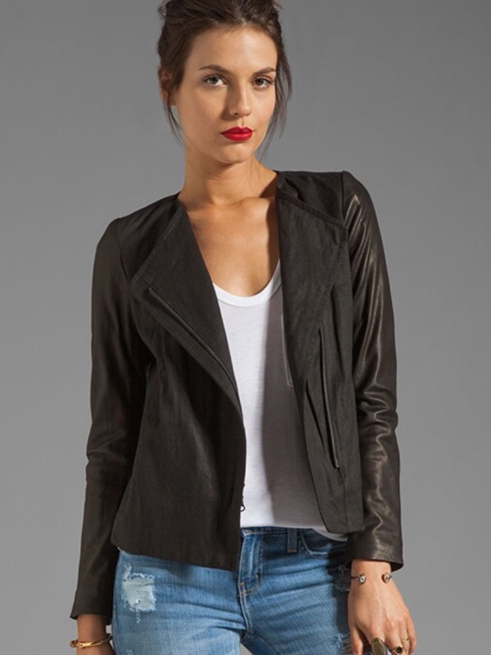 VINCE Linen & Lamb Leather Sleeve Asymmetric Moto Jacket Black Size 2